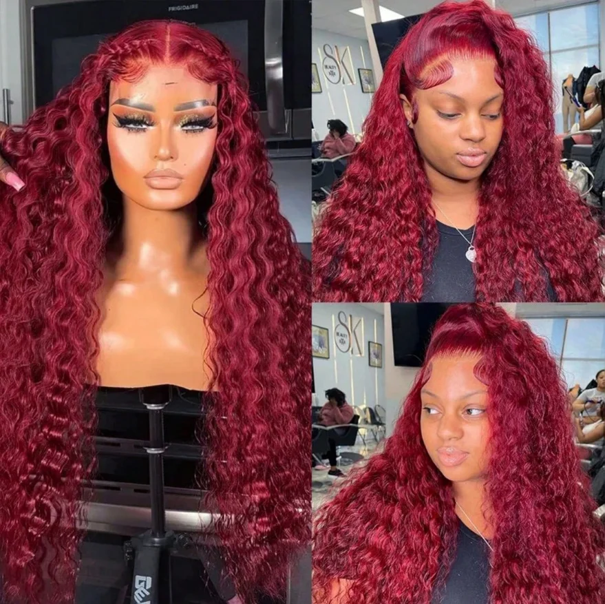 28 inch Human Hair Deep Wave 99J Burgundy Wigs 200 DensityHD Lace Frontal Wig 13x4 Brazilian Curly Lace Frontal Wig For Women