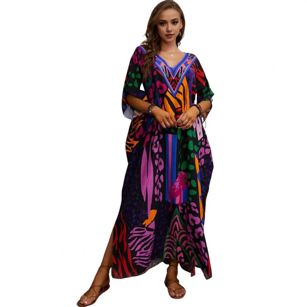 

Distinctive Print Resort Wear Vibrant Color Print Beach Cover Up Dress V-neck Short Sleeve Loose Fit with Side Slit for Vacation