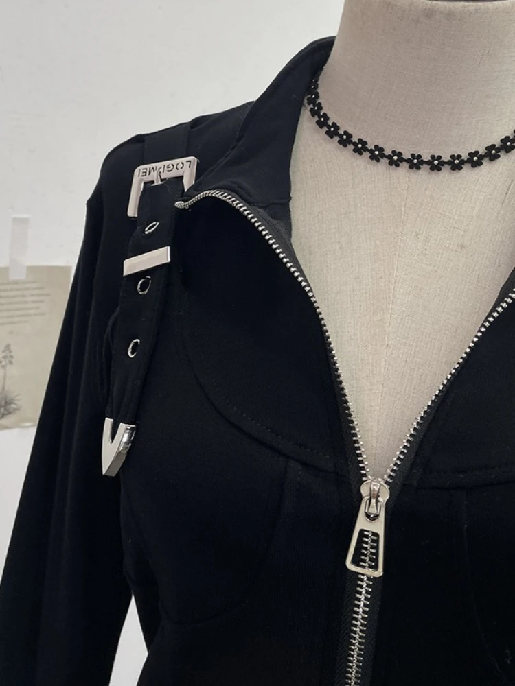 Y2k Sexy Slim Stand Neck Long Sleeve Zipper Solid Irregular All Match Streetwear Knitted Top Female