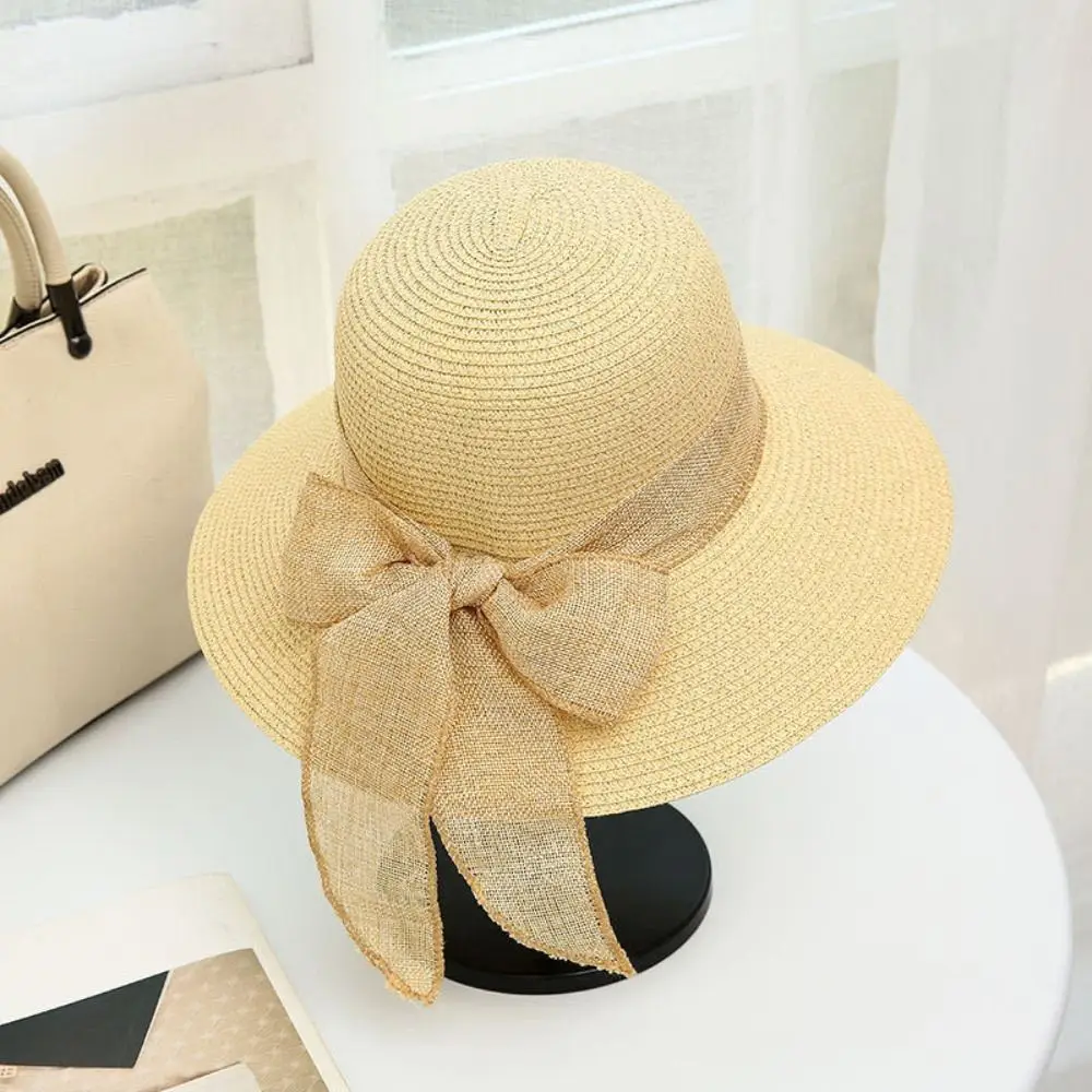 New Summer Women Sun Hat Casual Fashion Bowtie Fisherman Hat Straw Hat with Bow Ribbon Travel Beach Hat