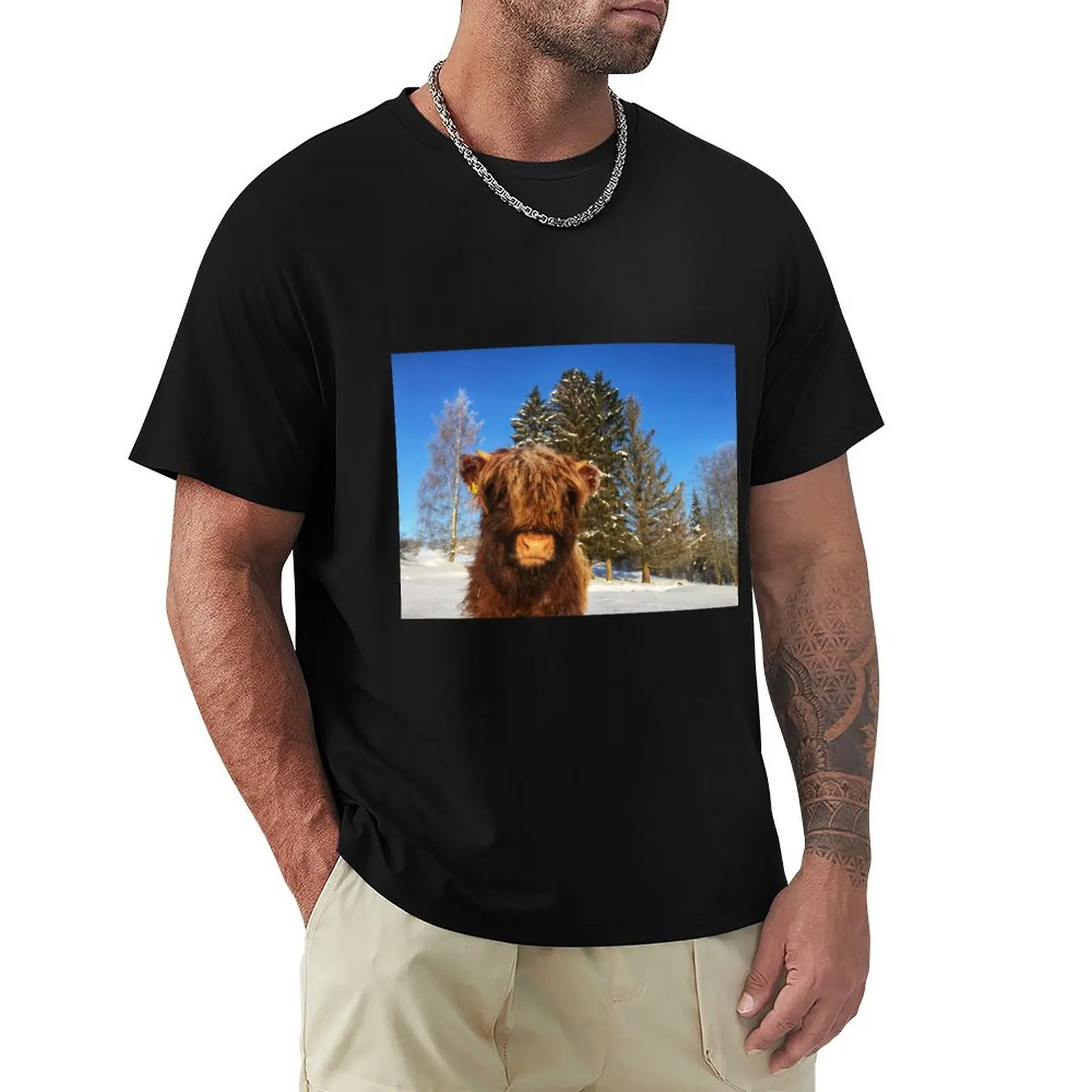 

Scottish Highland Cattle Calf 1704 T-Shirt Casual Loose Short Sleeve Tee for Men