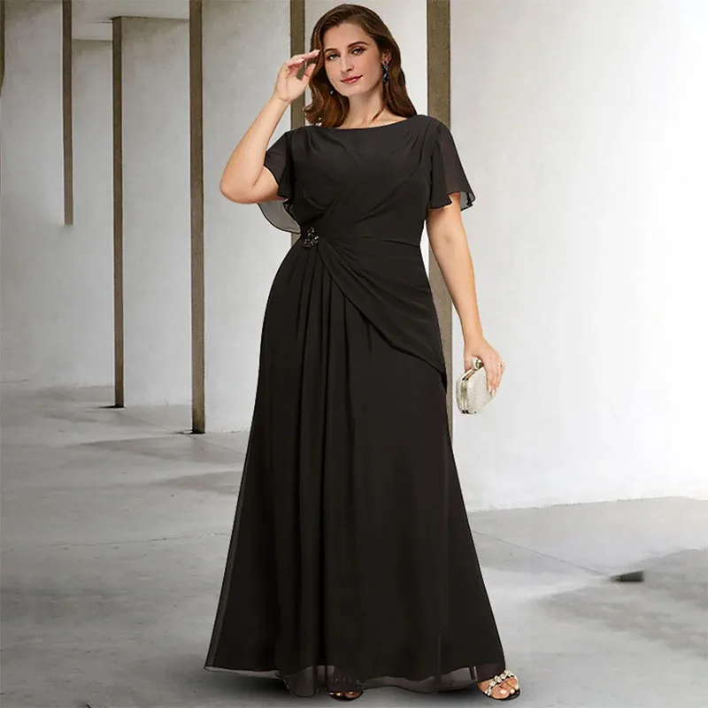 

Classy Black Beaded Mother of the Bride Dresses A-Line Pleated Godmother Dresses Formal Party Gown Floor Length Women Dresses