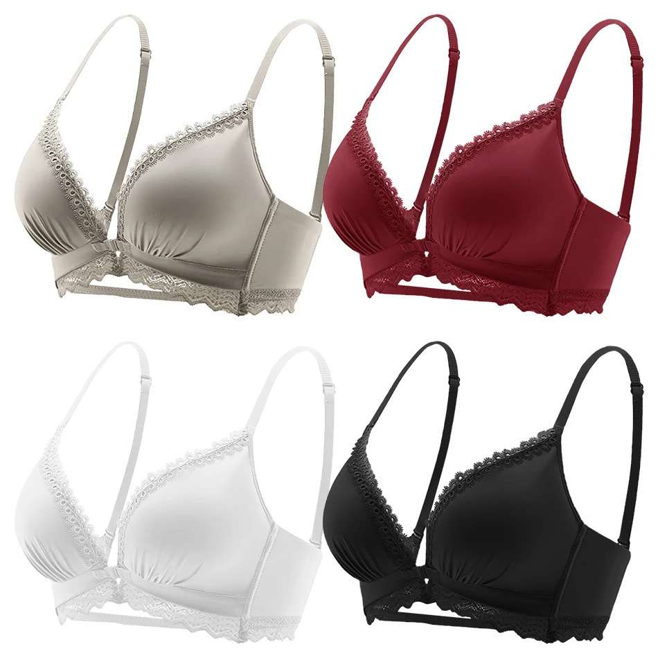 Fashionable Comfortable Women Front Button Solid Color Underwea No Steel Ring Adjustable Back No Trace Bra Easy To Wear