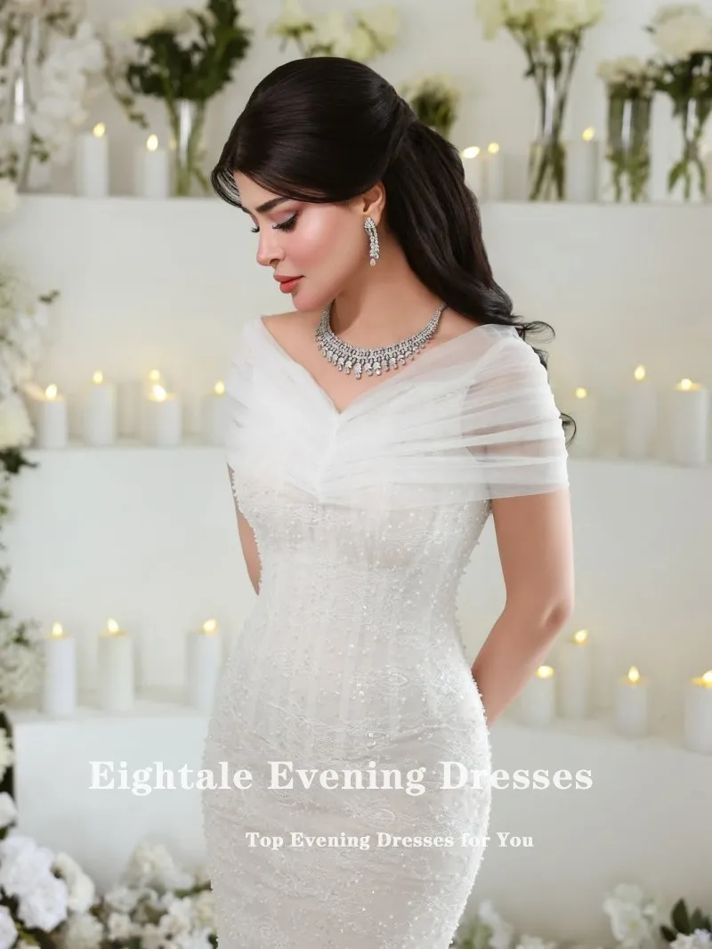 Robe de mariée arabe de quatre-quarts, épaules dénudées, dentelle, perles, personnalisée, blanc ivoire, robe de mariée musulmane, robe de soirée sirène