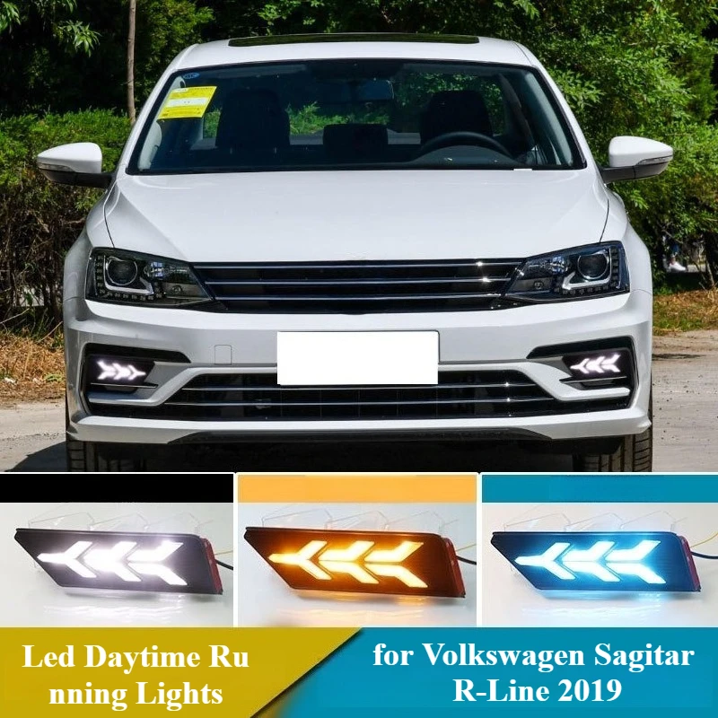 

For Volkswagen VW Sagitar R-Line 2019 Led Daytime Running Lights 12V DRL Front Bumper Fog Lights With Dynamic Yellow Turn Signal