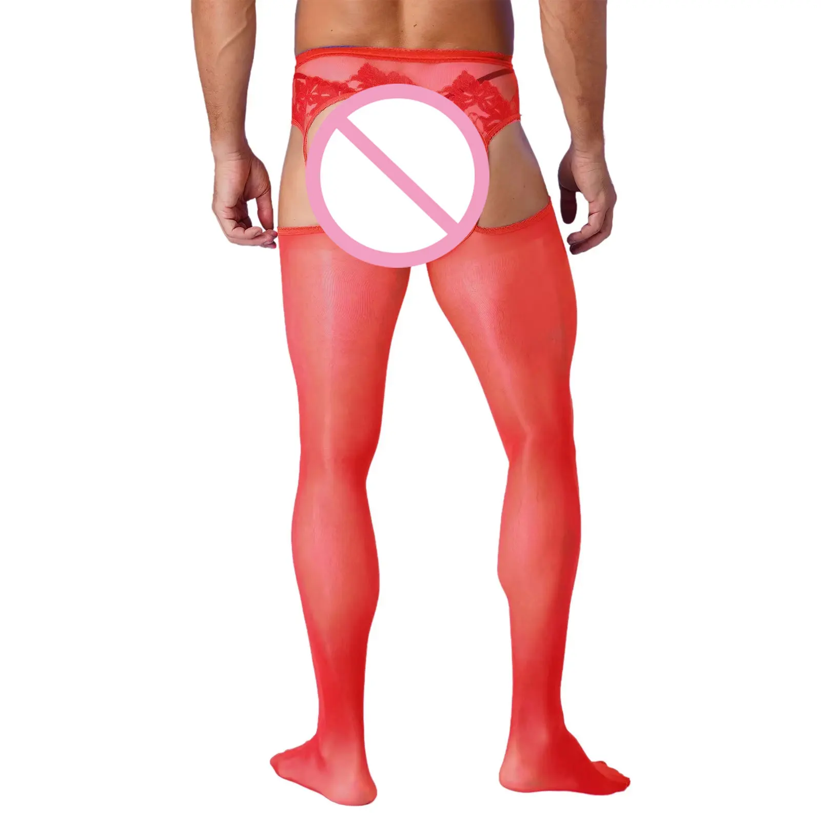 Mens Sexy Cutout Crotchless Pantyhose Floral Lace Exotic Socks Leggings One-Piece Garter Stockings Gay Male Sissy Underwear
