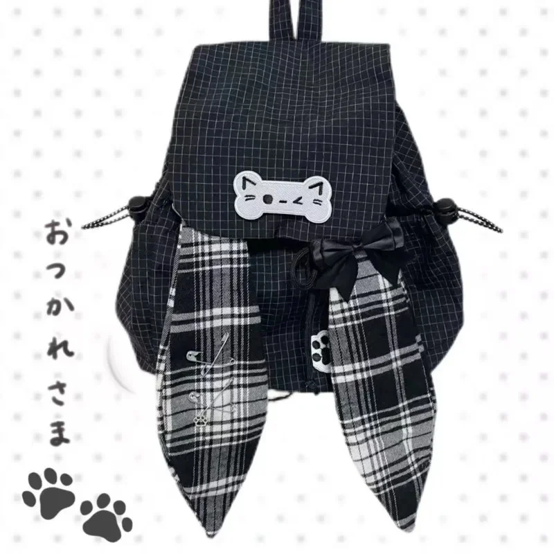 Bunny Backpacks Cat Y2K Grid Ear Bone Backpacks Versatile Cute Student Black White Plaid Bow Lightweight High Capacity Backpacks