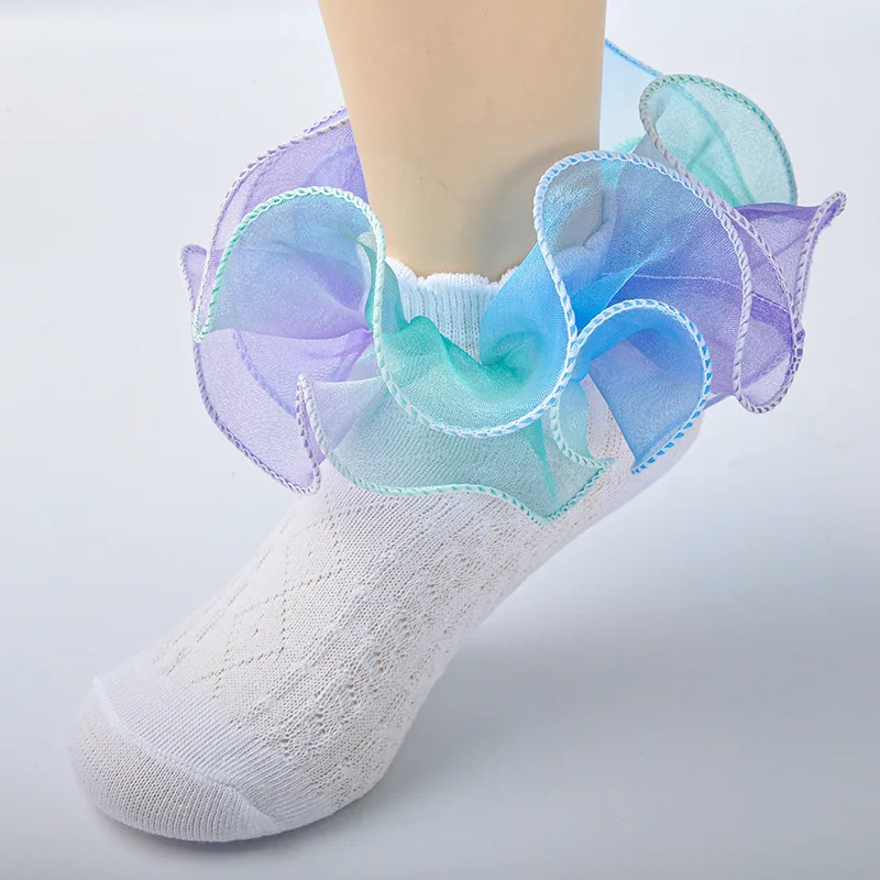 Baby Girls Ruffle Socks Soft Frilly Socks Color Gradient Print Turn Cuff Socks Toddler Crew Socks