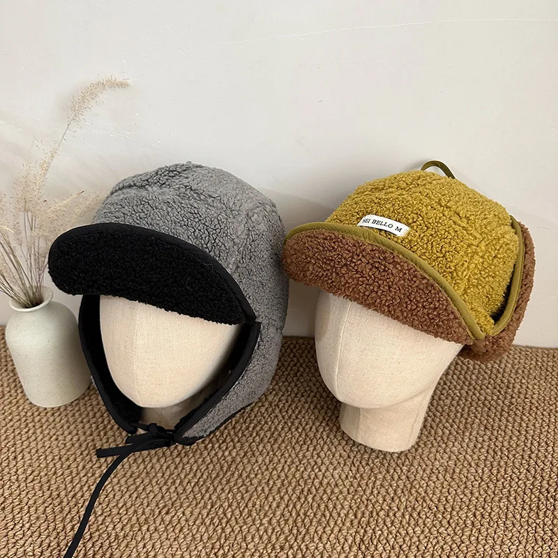 Koreanische Damen-Trapper-Mütze aus Kunstlammfell, warme Bomber-Mütze mit Ohrenklappen, winddicht, wendbarer Schirm, Wintermütze für kaltes Wetter, Outdoor-Mütze – Detail 11