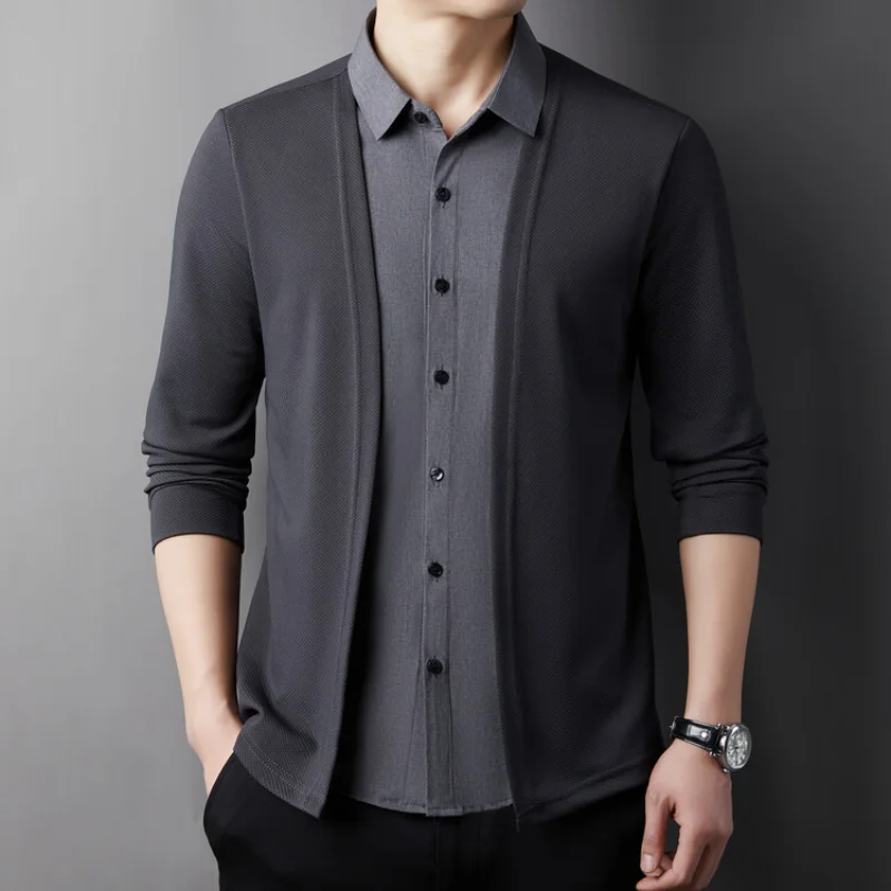 2024 Men\'s Cardigan, Fake Two Shirts, Jacket, Fake Two Items Autumn Bestseller, Fake Two Items, New Cardigan Shirt
