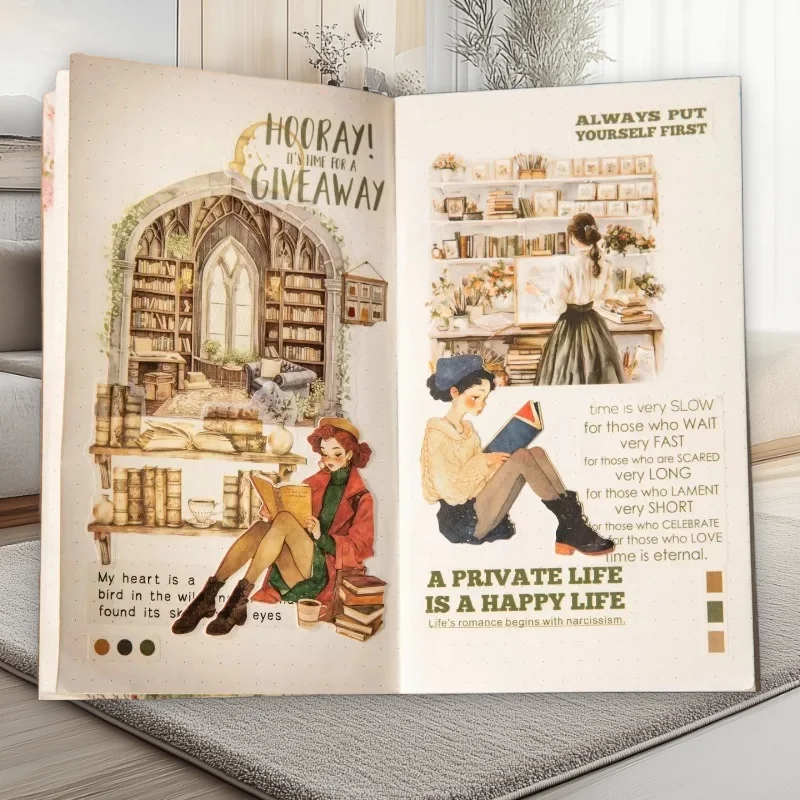 1 Packung/4 Packung 6 Style Aesthetic Reading Girl Aufkleber Bibliothek Journal Dekor 15 Stück