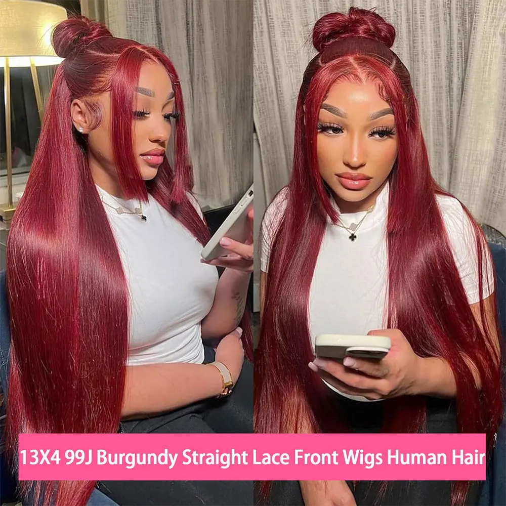 99j bordeaux 13x4 HD dentelle frontale perruque de cheveux humains droite 13x6 dentelle avant perruque de cheveux humains 99J couleur perruque de cheveux humains 200% densité