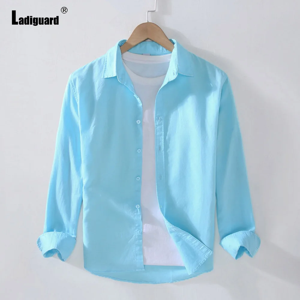 Camicia di lino a maniche lunghe da uomo abbigliamento 2022 harajuku Fashion Open Stitch top Solid Blue Khaki camicetta camicie Casual da uomo