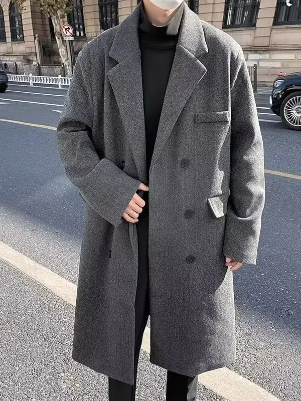

Корейское мужское шерстяное пальто выше колена в британском стиле, осенне-зимнее, модное, премиум-класса, мужская ветровка-куртка