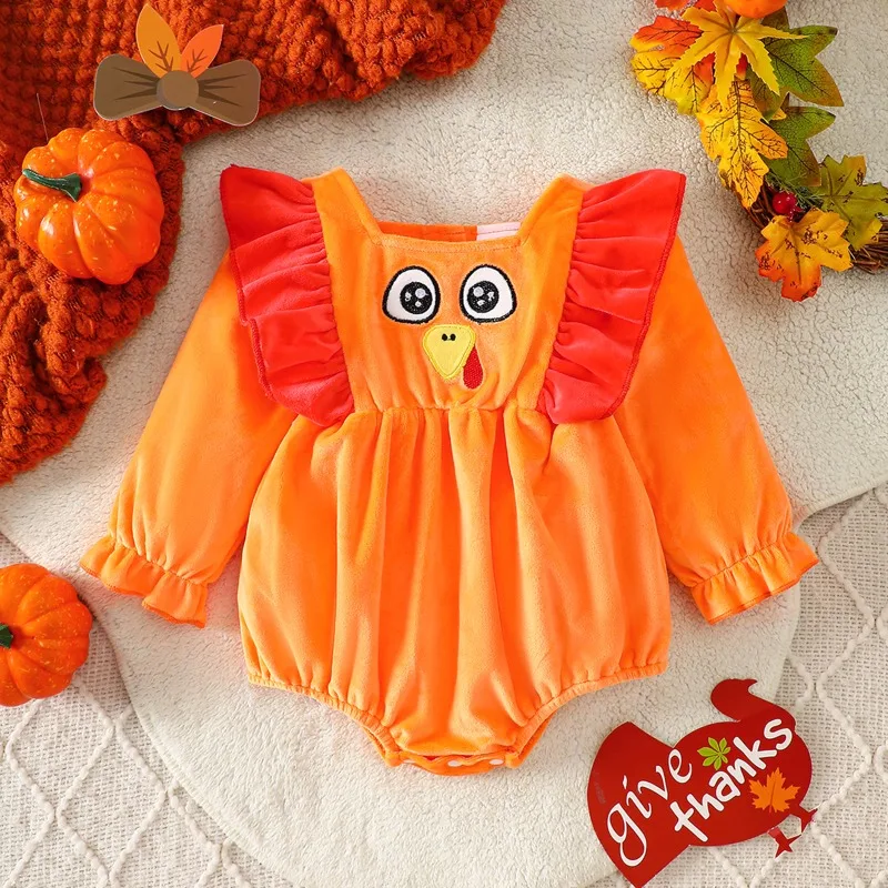 Baby Girls Thanksgiving Turkey Romper Orange Long Sleeve Bodysuit With Ruffled Shoulders And Cute Face Design Costume 0 24M