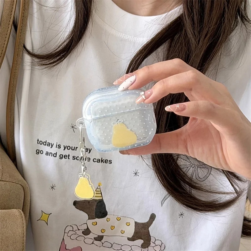 

Cute Pear Pattern AirPods Case for 1 2 3 4 Pro Pro2 Pro3 Clear Soft Cover with Pear Keychain Shockproof Earphone Cover