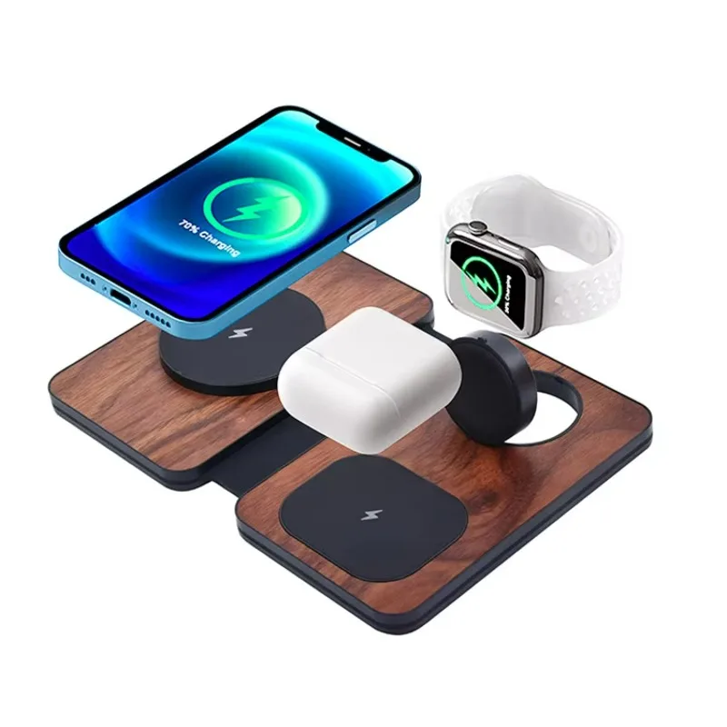 Walnut Wood Portable Desktop Mobile Phone Wireless Charger Station 3 In1 Folding Magnetic Foldable 10W 15W Wireless Charger