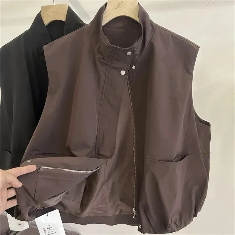 

Новая женская безрукавка-жилетка весна-осень 2026, европейский стиль, большие размеры, приталенный крой, с воротником-стойкой