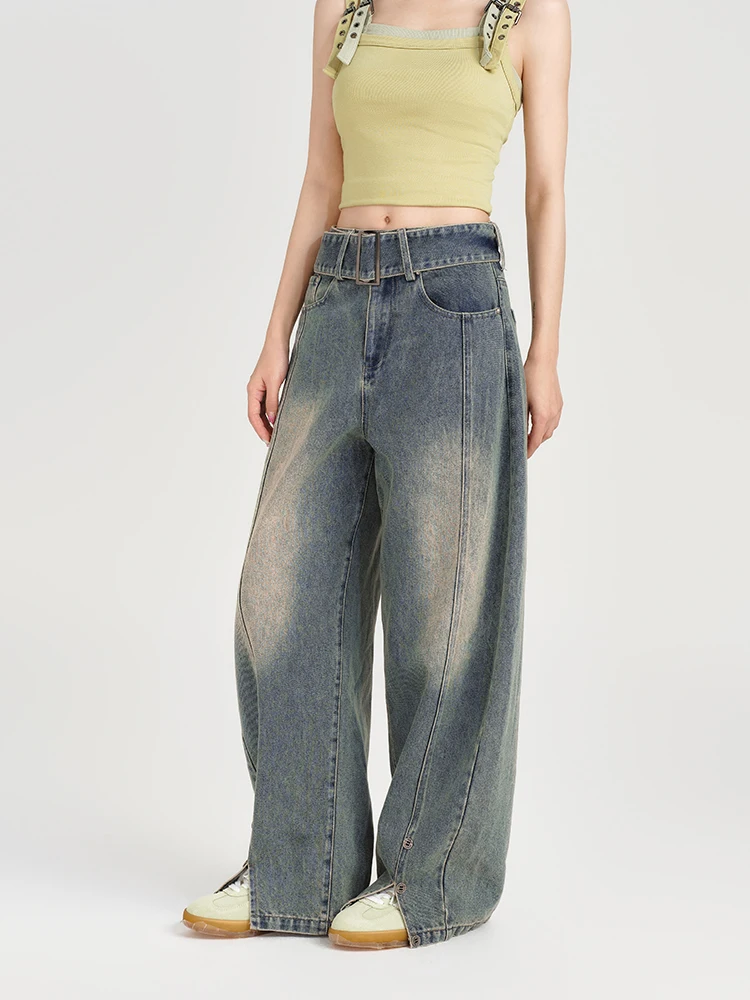 

Девчачьи американские широкие джинсы в стиле ретро, женские весенне-осенние новые брюки с поясом, длинные брюки с высокой талией