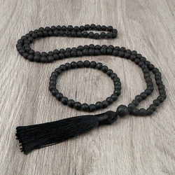 Black Lava 108 Japamala Beaded Necklace 6mm Natural Rock Stone Knotted Necklaces Meditation Yoga Blessing Long Tassel Jewelry