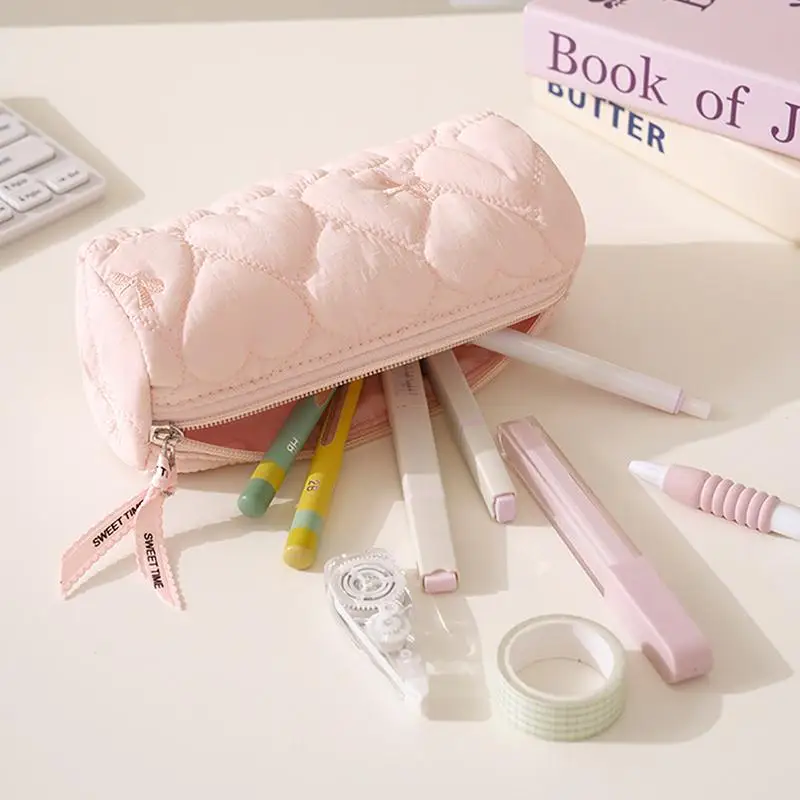 Soft Quilted Heart Pencil Case With Large Capacity And Smooth Zipper Perfect For Students School Office Stationery Storage