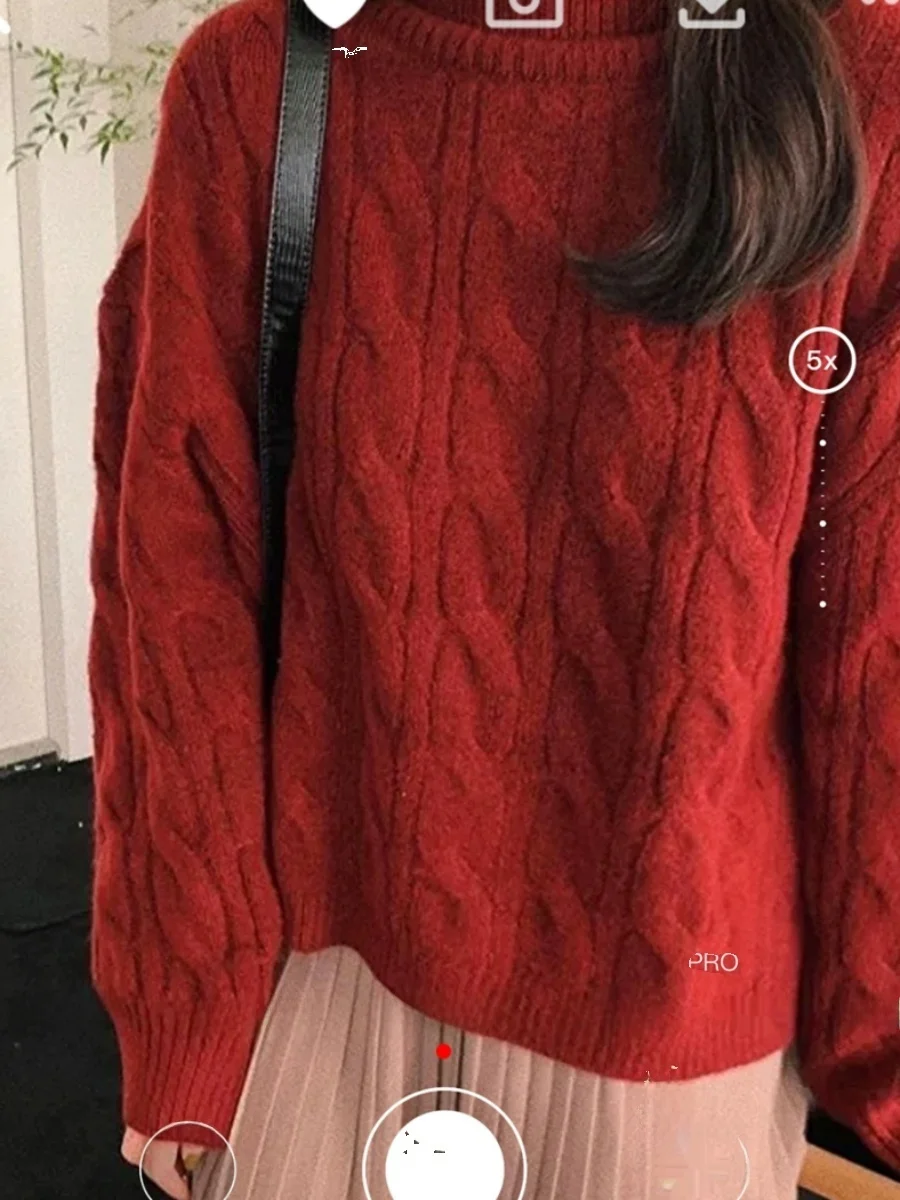 

Thiened High Collar 3D Knitted Sweater Loose Fit Vintage Sle Basic Loose Knitwear Multi Color Spiral Texture Long Sve