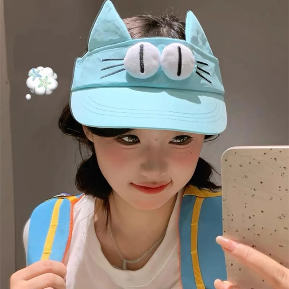 

Sun Protection Big Eyes Cat Visor Cap Quick-drying Fabric Adorable Kitty Hollow Hat Creative Funny Cat Ears Sun Hat Girls