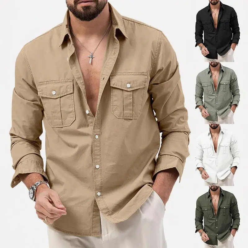 

Men's Shirt with Multiple Pockets Long Sleeves Cleanfit Style Polyester Material Wear Resistant Casual Business Fashion