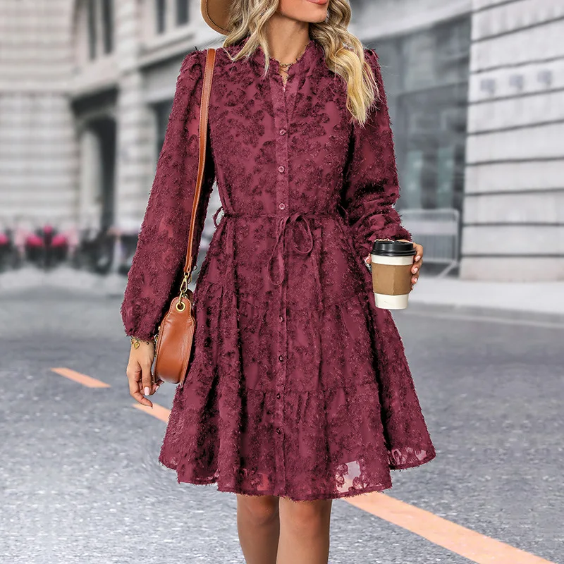 2025 New Women's Black Dress Button Cardigan High Waist Straps Slim Elegant Lace Retro Office Burgundy Mini Skirt for Female