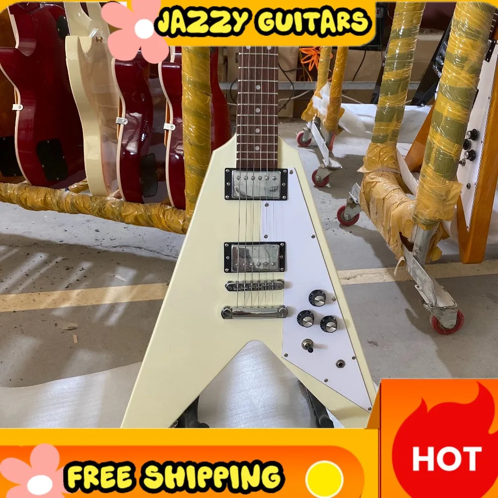 Vintage White Flying V Electric Guitar HH Pickups Fixed Brid