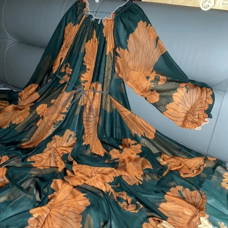 Men Women Silky Soft Floral Print Dress Sexy Ruffled Neckline Long Sleeves Flared Skirt Elegant Party Date Night Evening Gown