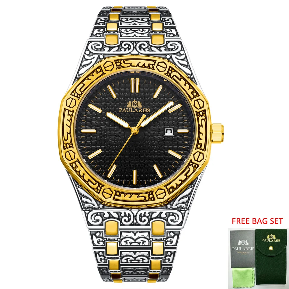 

Luxury Watches for Men Carved Antique Vintage Luminous Rose Yellow Gold Silver 2 Tones Fashion Blue Classic Reloj Hombre