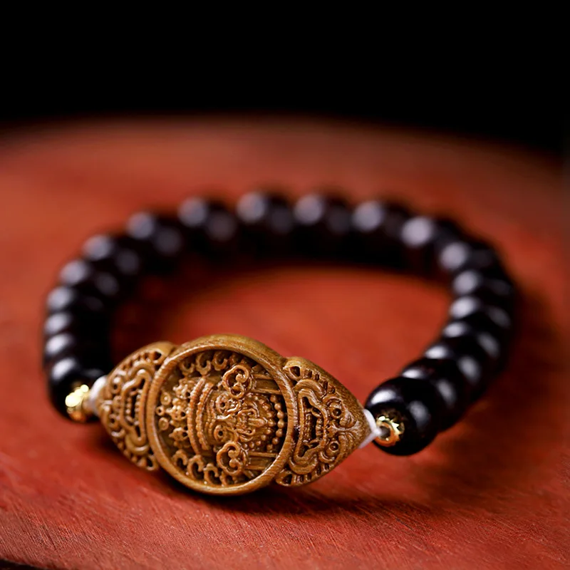 Natural Rosewood Carved Wooden Card Bracelet with Single Circle Buddha Beads Praying for Safety Health As A Gift for Elderly Men