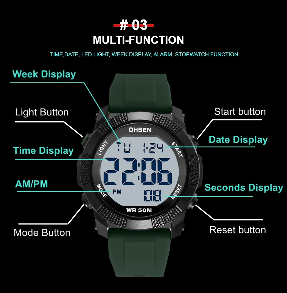 Ohsen Sports Watches for Men Wristwatch LED Digital Watch 50M Diving Outdoor Military Electronic Wristwatch Alarm Stopwatch