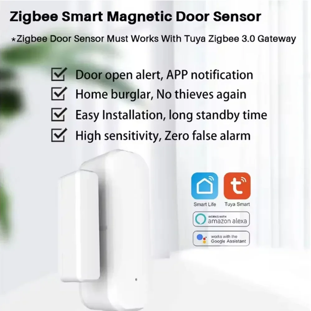 Tuya Smart Home Zigbee Door Sensor Alarm Window Door ON/OFF Detectors Security Protection Compatible with Alexa Google Assistant