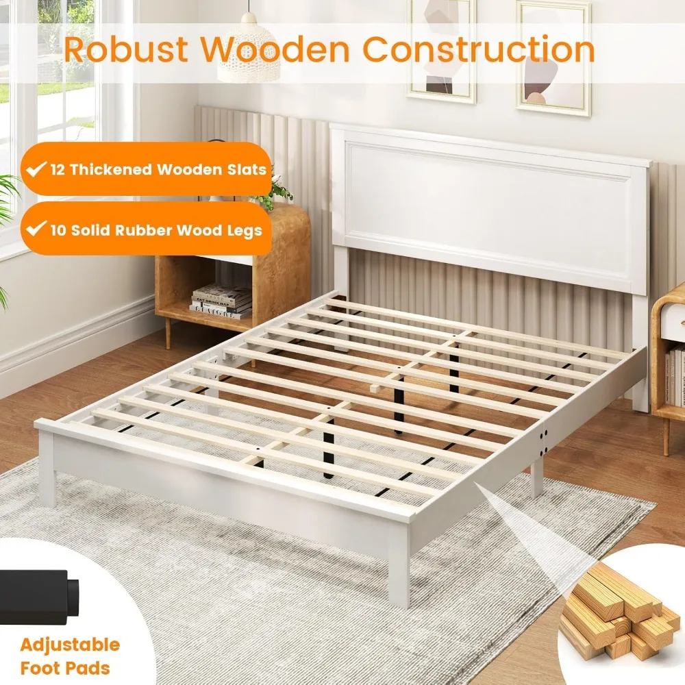 Queen Size Wood Platform Bed Frame with Headboard, Platform Bed with Slat Support & Under Bed Storage, No Box Spring Needed