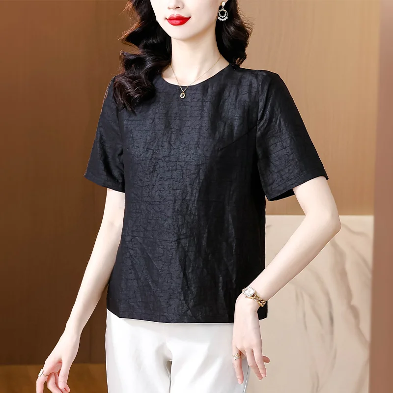 Été nouveau lâche femmes T-irt ort Sve soie Lyocell tissu ventre couvrant maman irt confortable respirant rond Ne haut