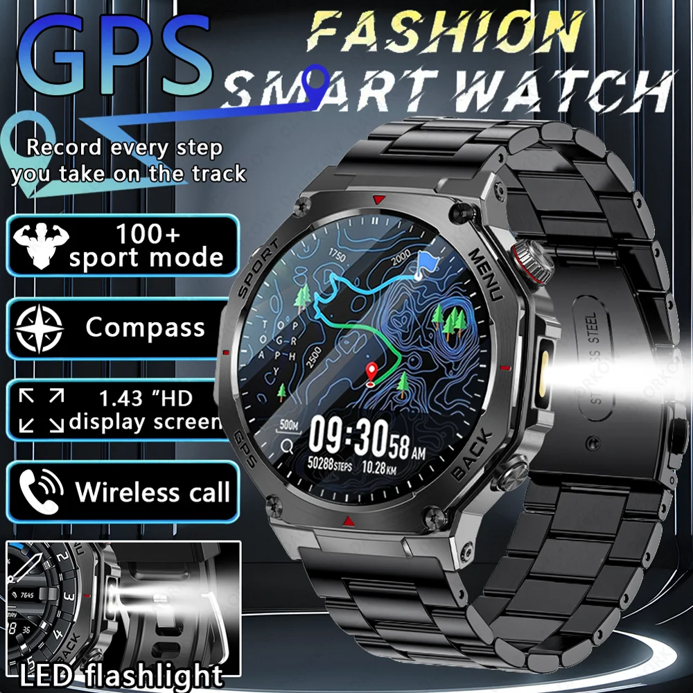 

2025 Новые уличные военные умные часы для мужчин с GPS-треком, водонепроницаемые, 520 мАч, здоровый звонок, спортивный фитнес-браслет, GPS-трековые часы для плавания