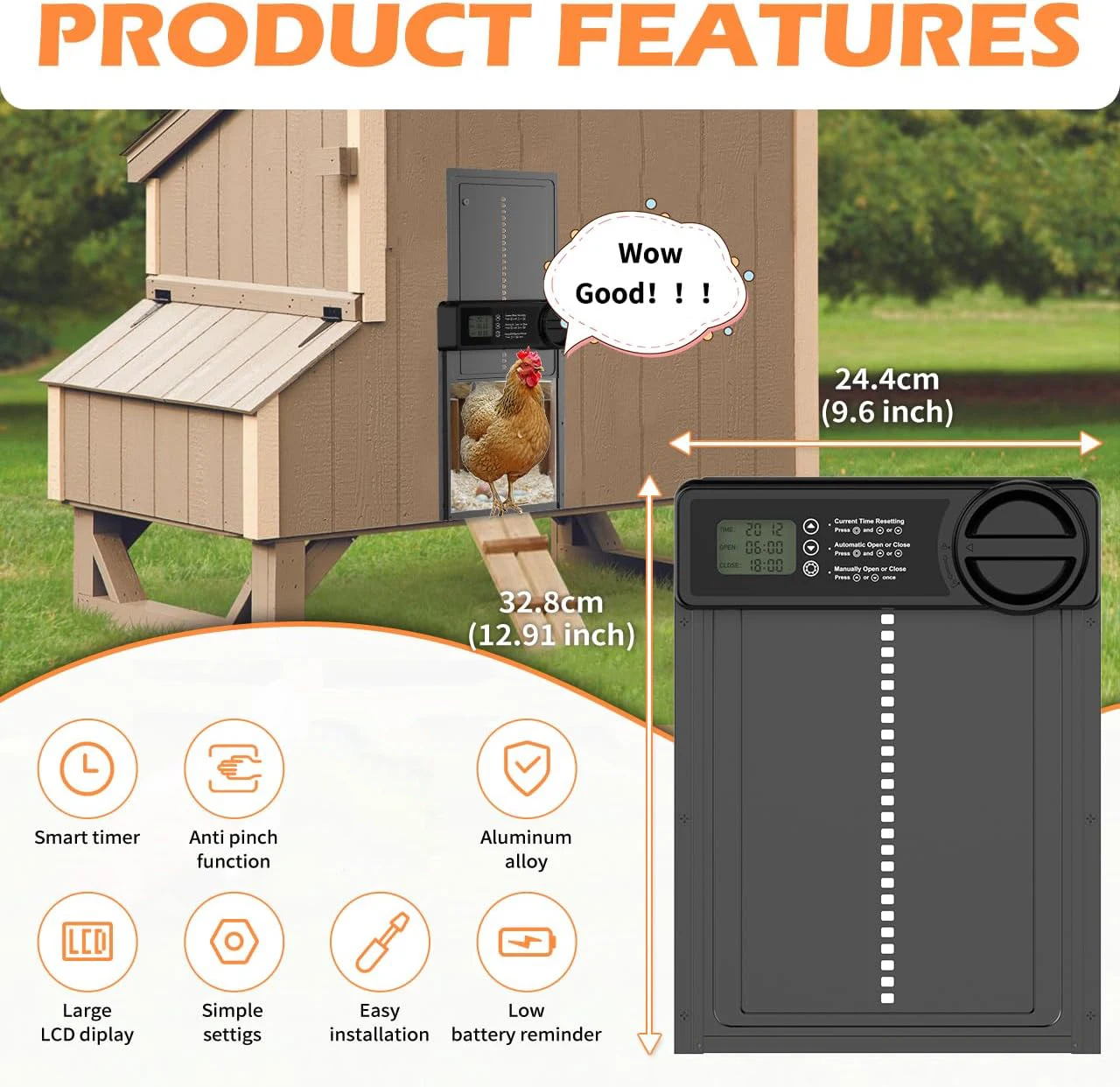 Automatic Chicken Coop Door Auto Duck Door Battery Powered Electric Chicken Coop Door with Timer & Manual Control LED Screen