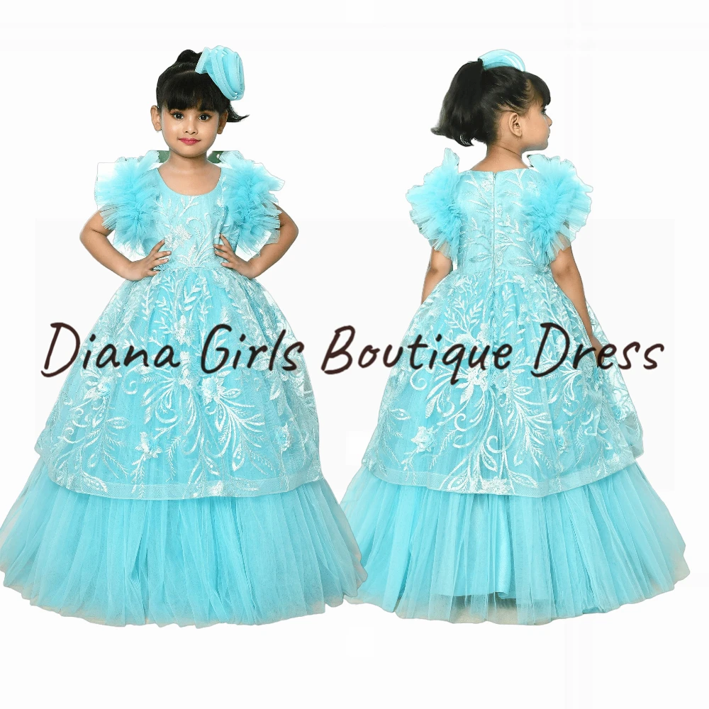 Lovely Light Blue Flower Girl Dress Family Banquet For Weddings A-line Tulle Appliques Beaded Communion Gowns Evening Dresses