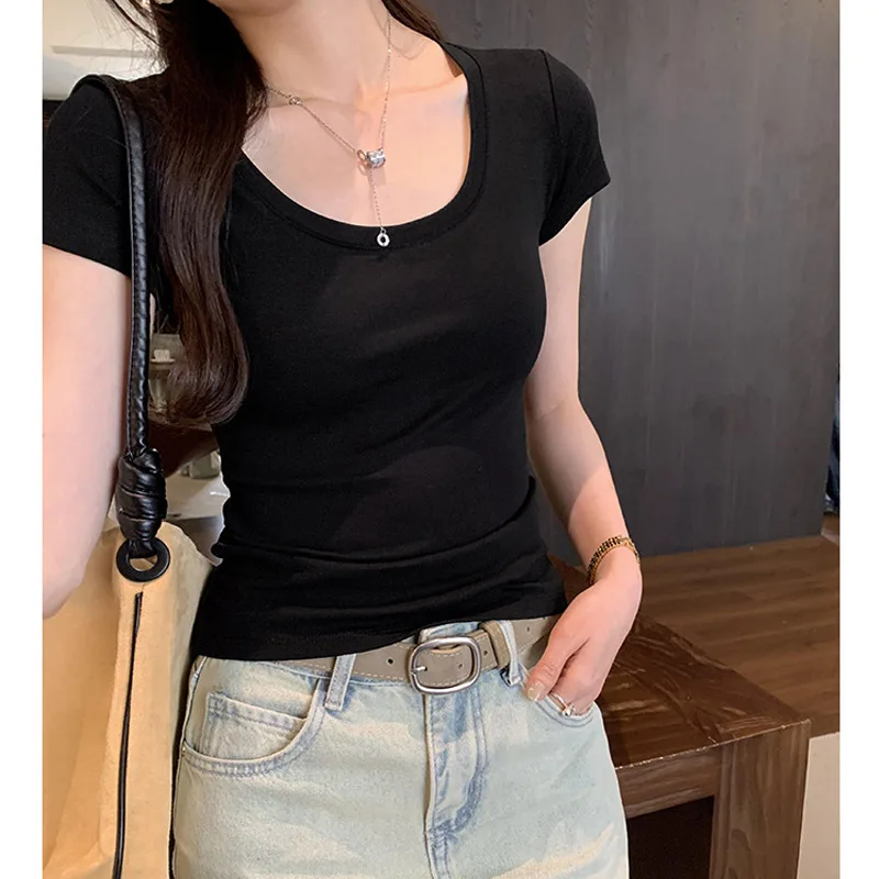 Camiseta informal de algodón para mujer, camisetas de manga corta, ropa de moda para mujer, camiseta básica ajustada con