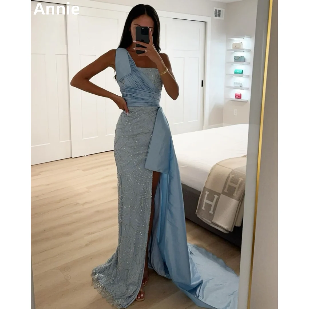 Annie Light Blue Wedding Dress Glittering Luxury Arabian Lady Prom Dresses Sexy Mermaid Side Slit فساتين سهرة Vestidos De Fiesta