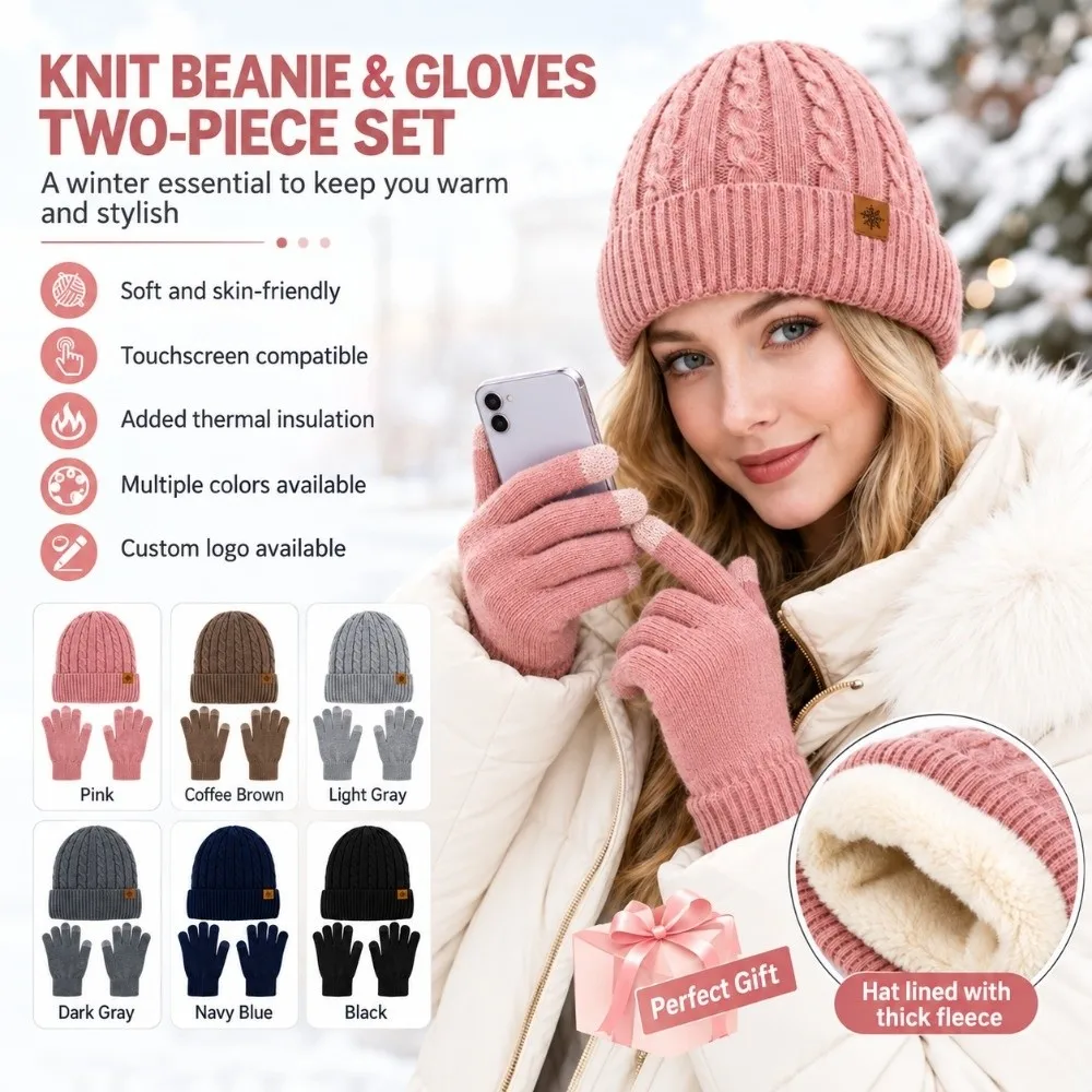3Pcs/Set Warm Winter Hat Scarf Gloves Set Non Slip Lining Scarf Neck Warmer Suit Windproof Soft Touchscreen Gloves for Men
