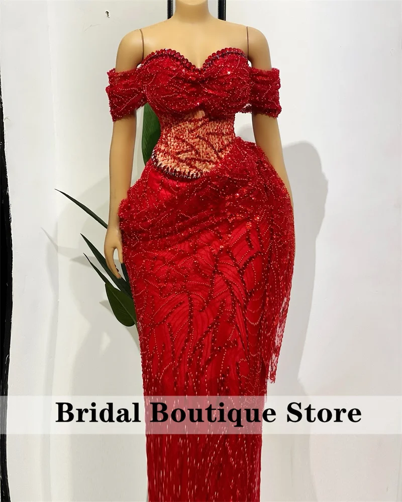 

Elegant Red Luxury African Evening Dresses 2025 Beading Crystals Floor-Length Formal Occasion Wedding Prom Gown Customized