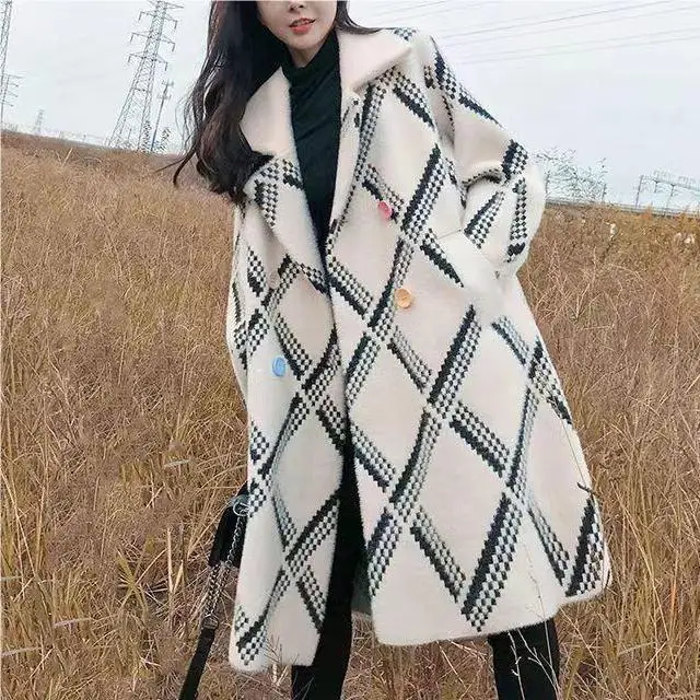 

Medium to long mink fur women's coat 2024 autumn and winter new loose thick plaid coat cardigan trendy Korean version