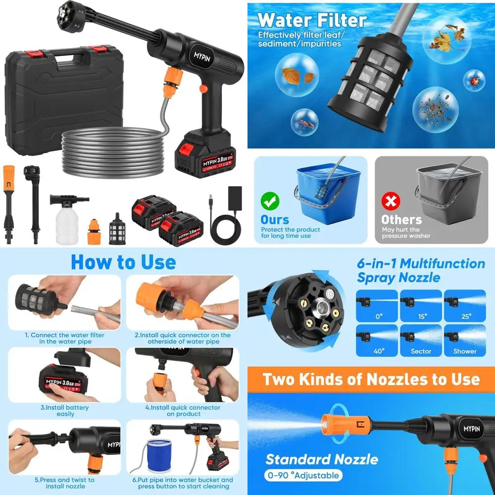 

Аккумуляторная мойка высокого давления 21В, 600PSI, с насадкой 6-в-1 для многофункциональной очистки