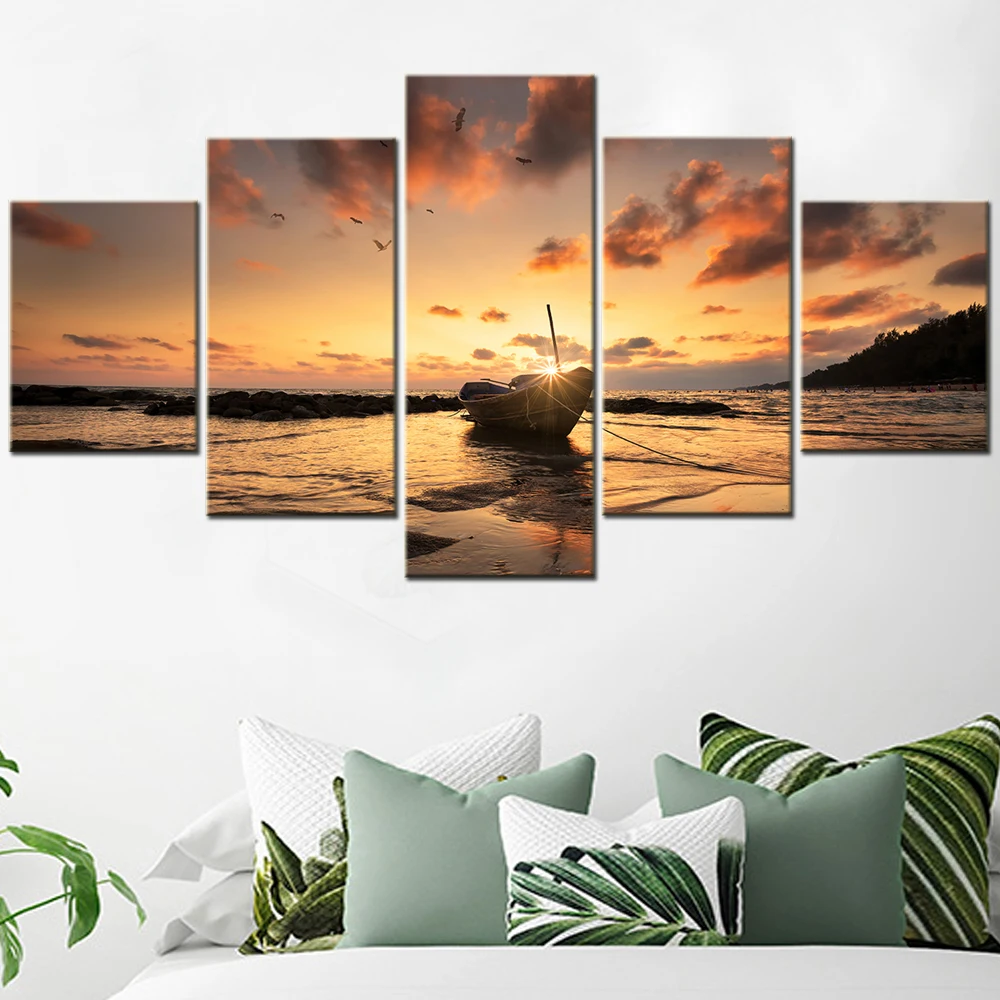 5Pcs Wall Art Canvas Painting Sunset Beach Boat Picture Seascape Home Decor Poster Print Aesthetic Room Decoration Framework