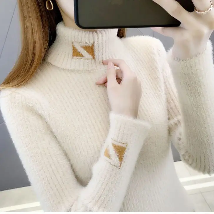 

Solid Western Knit Undercoat Autumn Winter Pullover Sweater High Collar Pullover Sweater Women Mink Letter Jacquard Underlay