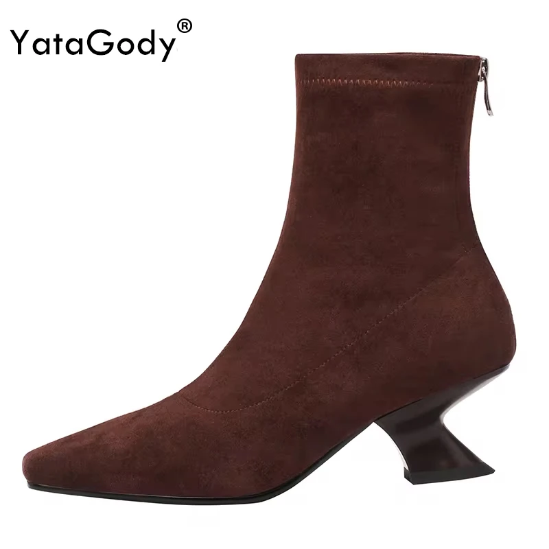 

YATAGODY Size 34-40 Women Stretch Ankle Boots Suede Elastic Leather Strange Heels Shoes Fall Winter 2024 Ins Sock Short Booties