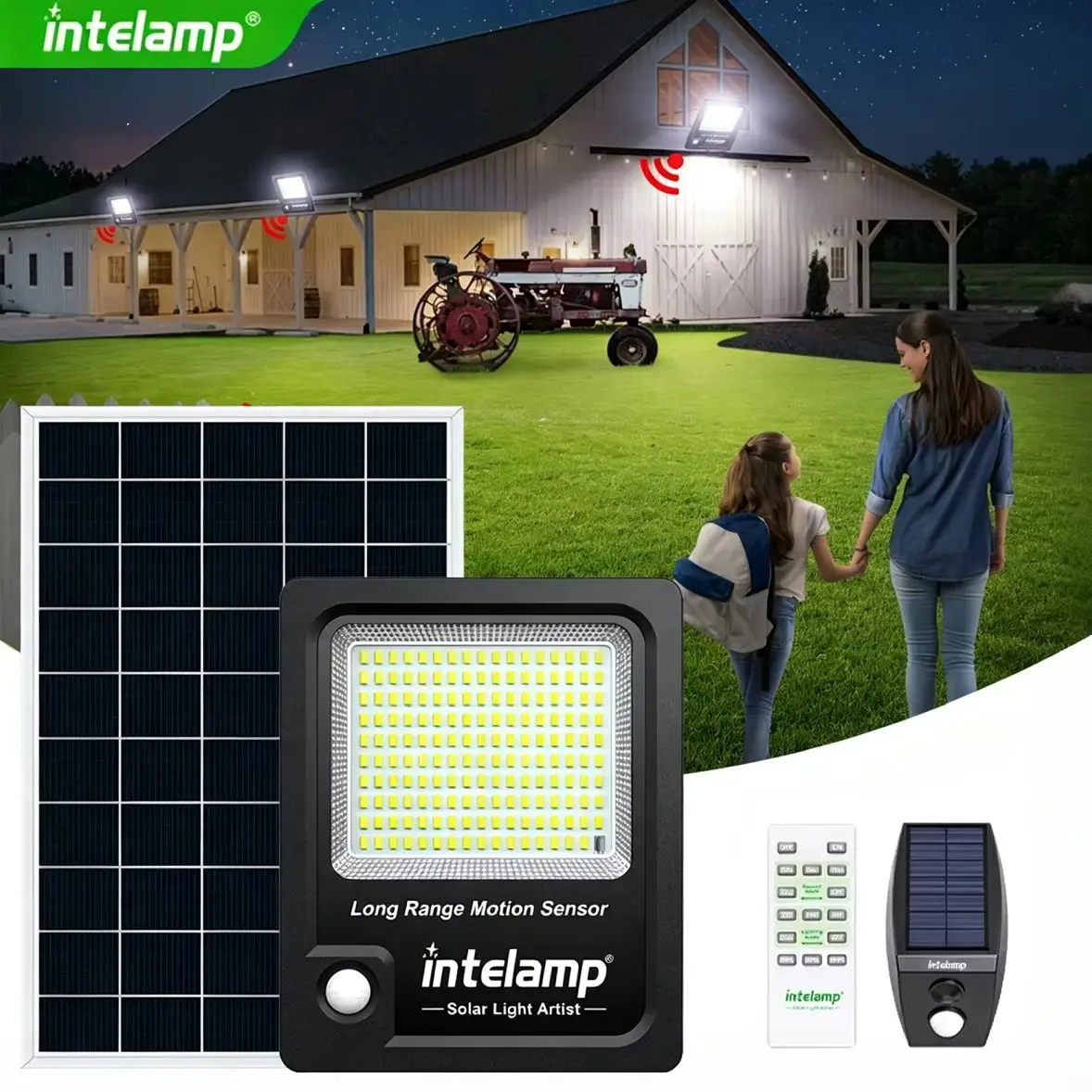 Intelamp 12000 mAh 3000 lm Solar-LED-Außenleuchte mit größerem Solarpanel und zwei Bewegungssensoren für Garten, Straße, Wand, Hof